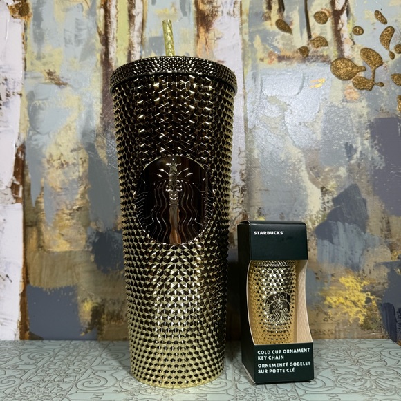 NWT Starbucks Gold Chrome Venti Studded Tumbler and Matching Keychain Bundle - Picture 2 of 4